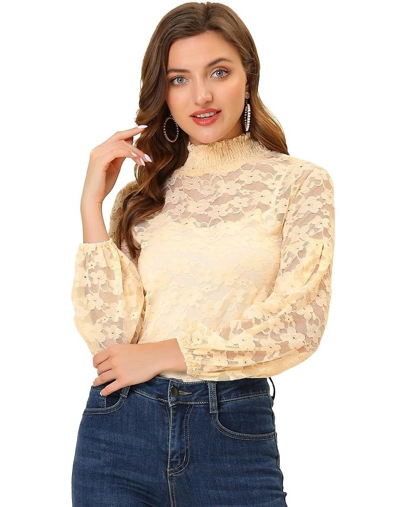 Women's Floral Lace Top Turtleneck Puff Long Sleeve See Through Sheer Blouse Light Beige $18.69 Blouses