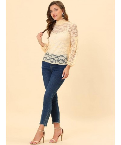 Women's Floral Lace Top Turtleneck Puff Long Sleeve See Through Sheer Blouse Light Beige $18.69 Blouses