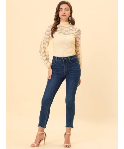 Women's Floral Lace Top Turtleneck Puff Long Sleeve See Through Sheer Blouse Light Beige $18.69 Blouses