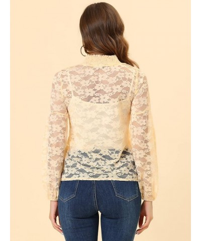 Women's Floral Lace Top Turtleneck Puff Long Sleeve See Through Sheer Blouse Light Beige $18.69 Blouses