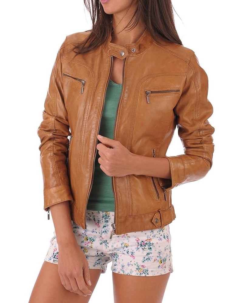 Women's Lambskin Leather Bomber Biker Jacket Tan $48.56 Coats