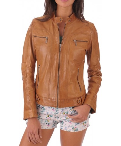 Women's Lambskin Leather Bomber Biker Jacket Tan $48.56 Coats