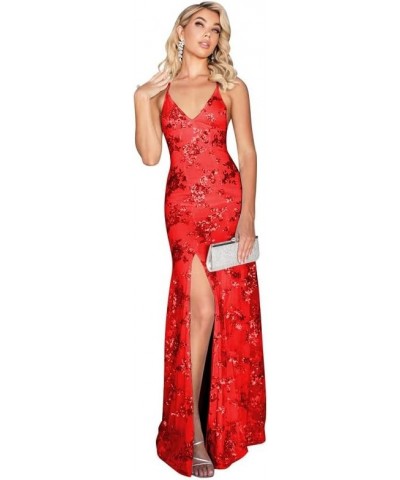 V Neck Lace Prom Dress Spaghetti Strap Sequin Evening Gown Mermaid Sparkly Evening Dresses for Women Red $52.24 Dresses