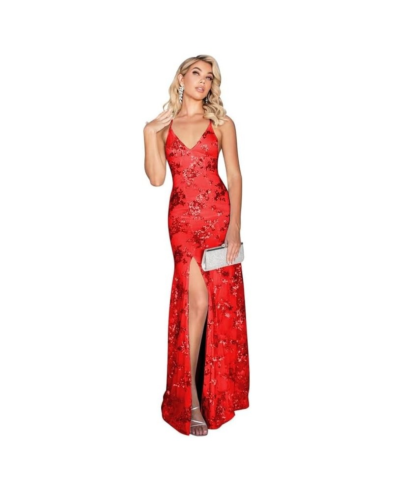 V Neck Lace Prom Dress Spaghetti Strap Sequin Evening Gown Mermaid Sparkly Evening Dresses for Women Red $52.24 Dresses