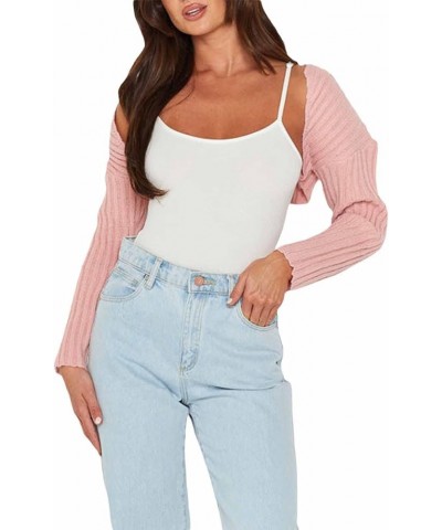 Women’s Knit Sweater Shrug Long Sleeve Open Front Drop Shoulder Crop Cardigan Solid Color Rib Knit Outerwear Fall A-pink $10....