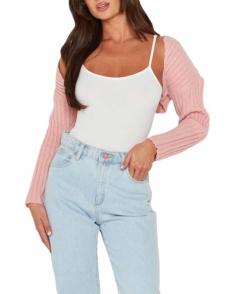 Women’s Knit Sweater Shrug Long Sleeve Open Front Drop Shoulder Crop Cardigan Solid Color Rib Knit Outerwear Fall A-pink $10....