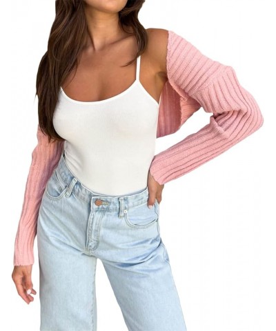 Women’s Knit Sweater Shrug Long Sleeve Open Front Drop Shoulder Crop Cardigan Solid Color Rib Knit Outerwear Fall A-pink $10....