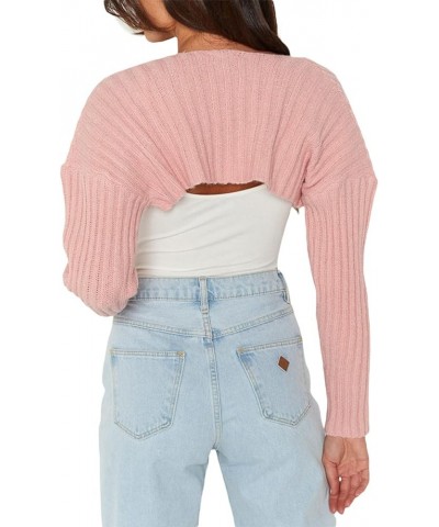 Women’s Knit Sweater Shrug Long Sleeve Open Front Drop Shoulder Crop Cardigan Solid Color Rib Knit Outerwear Fall A-pink $10....