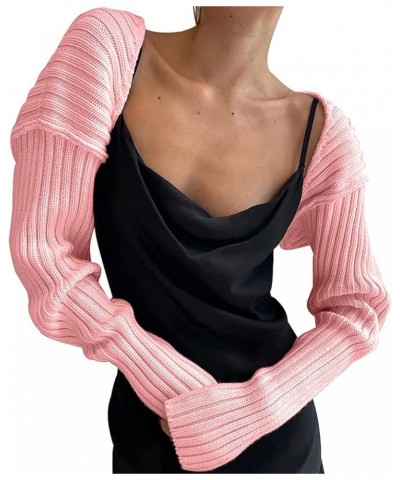 Women’s Knit Sweater Shrug Long Sleeve Open Front Drop Shoulder Crop Cardigan Solid Color Rib Knit Outerwear Fall A-pink $10....