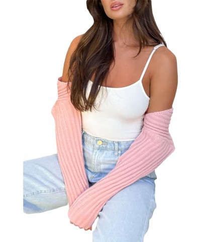 Women’s Knit Sweater Shrug Long Sleeve Open Front Drop Shoulder Crop Cardigan Solid Color Rib Knit Outerwear Fall A-pink $10....