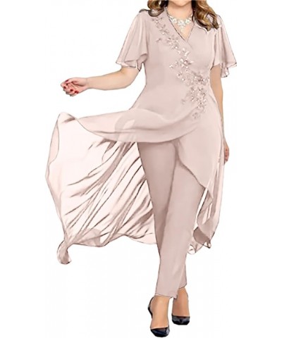 Women's Chiffon 2 Pieces Mother of The Bride Pant Suits for Wedding V Neck Mother of The Groom Dresses MIS17 Pink $30.60 Suits