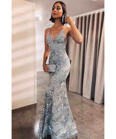 V Neck Lace Prom Dress Spaghetti Strap Sequin Evening Gown Mermaid Sparkly Evening Dresses for Women Red $52.24 Dresses