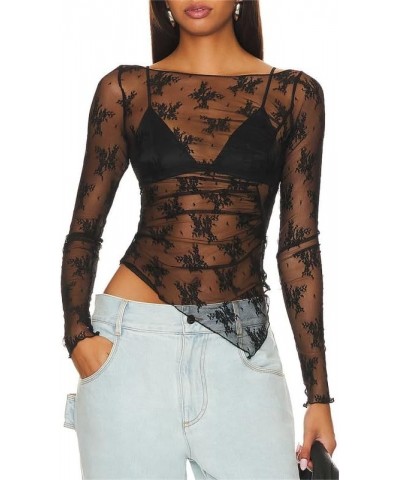 Women Sheer Lace Long Sleeve Crop Top Sexy Mesh See Through Slim Fit T Shirt Y2k Trendy Streetwear A30-black-a30 $6.47 T-Shirts