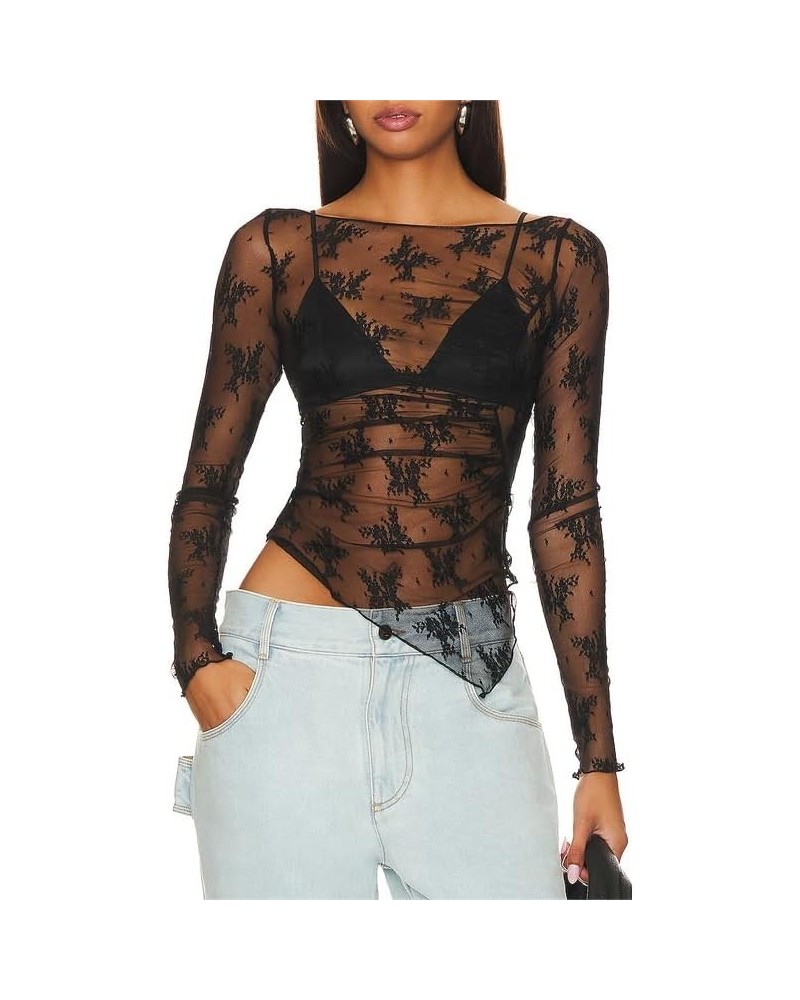 Women Sheer Lace Long Sleeve Crop Top Sexy Mesh See Through Slim Fit T Shirt Y2k Trendy Streetwear A30-black-a30 $6.47 T-Shirts