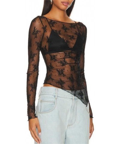 Women Sheer Lace Long Sleeve Crop Top Sexy Mesh See Through Slim Fit T Shirt Y2k Trendy Streetwear A30-black-a30 $6.47 T-Shirts