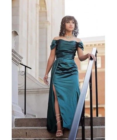 Off Shoulder Prom Dresses for Women 2024 Satin Bridesmaid Dress Long with Train Formal Evening Party Gown with Slit DR0005 Tu...