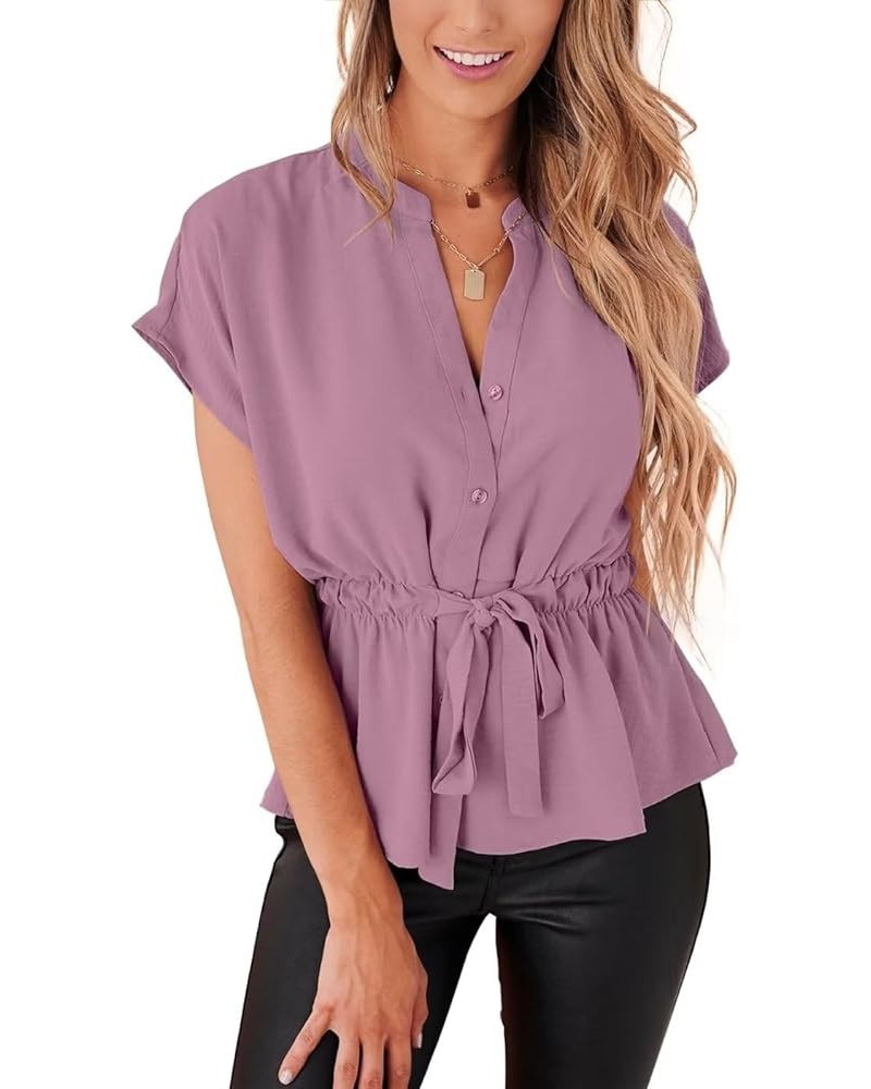 Womens Button Down Blouses Casual Peplum Summer Tops Dressy Chiffon Work Blouse Lavender $14.85 Blouses