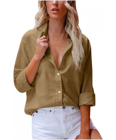 Womens Cotton Linen Shirts Long Sleeve Button Down Collared Blouses Summer Casual Roll Up Solid Work Office T-Shirt Khaki $10...