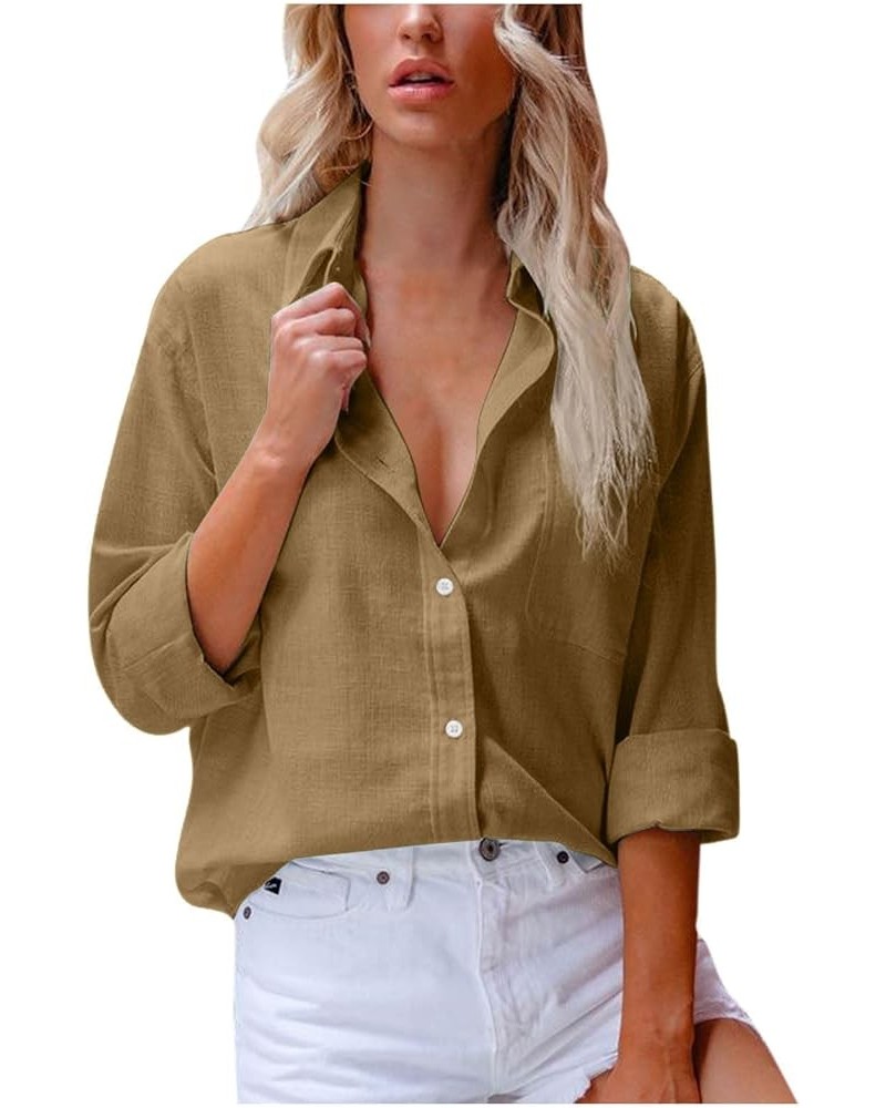 Womens Cotton Linen Shirts Long Sleeve Button Down Collared Blouses Summer Casual Roll Up Solid Work Office T-Shirt Khaki $10...