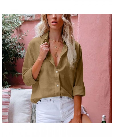 Womens Cotton Linen Shirts Long Sleeve Button Down Collared Blouses Summer Casual Roll Up Solid Work Office T-Shirt Khaki $10...