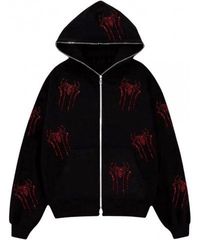 Women's Oversized Zip Up Hoodie Rhinestones Long Sleeve Rhinestone Skull Graphic Sweatshirt Jacket Coat Streetwear Black Red ...