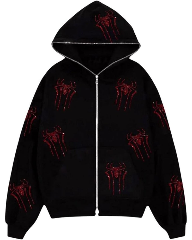 Women's Oversized Zip Up Hoodie Rhinestones Long Sleeve Rhinestone Skull Graphic Sweatshirt Jacket Coat Streetwear Black Red ...