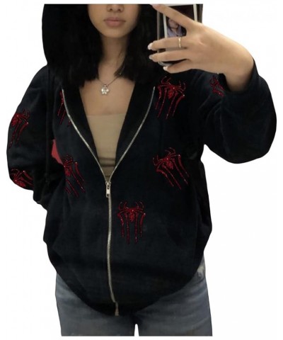 Women's Oversized Zip Up Hoodie Rhinestones Long Sleeve Rhinestone Skull Graphic Sweatshirt Jacket Coat Streetwear Black Red ...