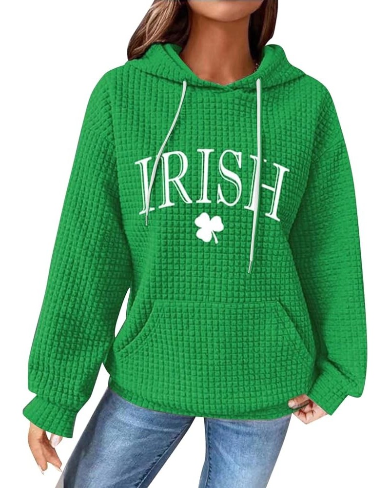 St Patricks Day Hoodies for Women Waffle Plaid Casual Oversized Shamrock Sweatshirt Irish Flag Hoodie Pullover D-green $14.62...