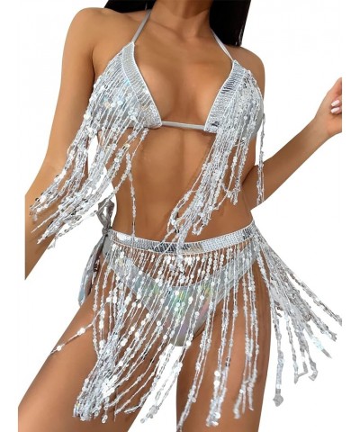 Women’s 2 Piece Shiny Rhinestone Swimsuit Halter String Triangle Sexy Bikini Set Tie Side Bathing Suit Holographic-silver $17...