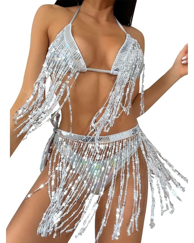 Women’s 2 Piece Shiny Rhinestone Swimsuit Halter String Triangle Sexy Bikini Set Tie Side Bathing Suit Holographic-silver $17...