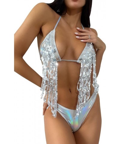 Women’s 2 Piece Shiny Rhinestone Swimsuit Halter String Triangle Sexy Bikini Set Tie Side Bathing Suit Holographic-silver $17...