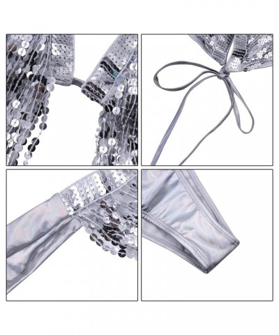 Women’s 2 Piece Shiny Rhinestone Swimsuit Halter String Triangle Sexy Bikini Set Tie Side Bathing Suit Holographic-silver $17...