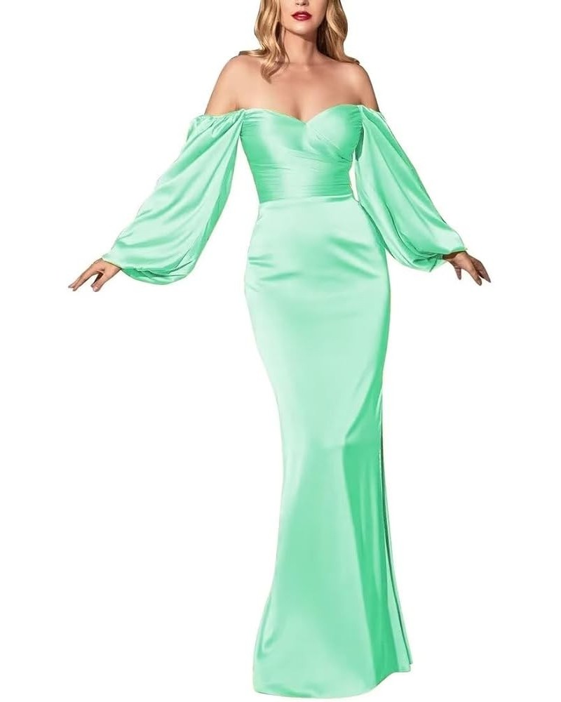 Off Shoulder Satin Mermaid Prom Dress Puffy Sleeves Ruched Bridesmaid Dress with Slit Bodycon Formal Evening Gowns Mint Green...