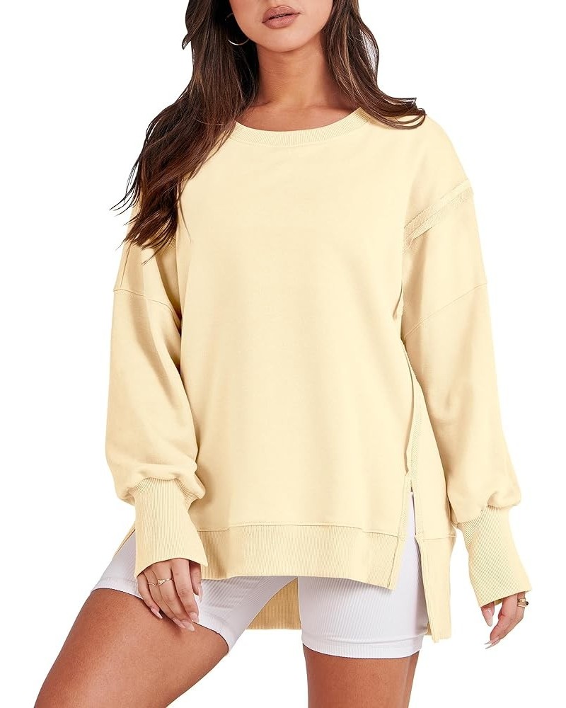 Women's Oversized Sweatshirt Crew Neck Long Sleeve Casual Slit Sloucthy Pullover Top Fall Clothes Cream Yellow $17.57 Hoodies...