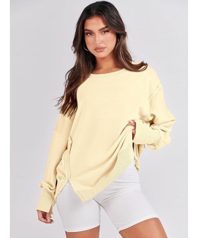 Women's Oversized Sweatshirt Crew Neck Long Sleeve Casual Slit Sloucthy Pullover Top Fall Clothes Cream Yellow $17.57 Hoodies...