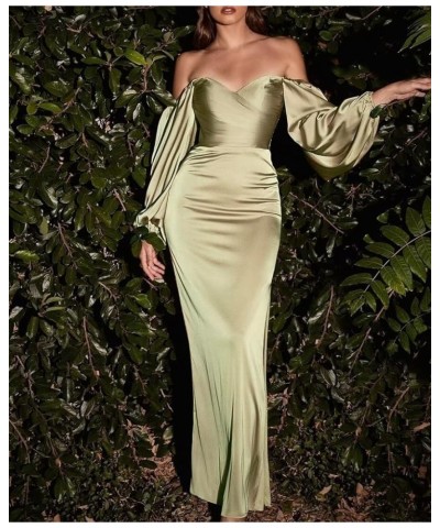 Off Shoulder Satin Mermaid Prom Dress Puffy Sleeves Ruched Bridesmaid Dress with Slit Bodycon Formal Evening Gowns Mint Green...