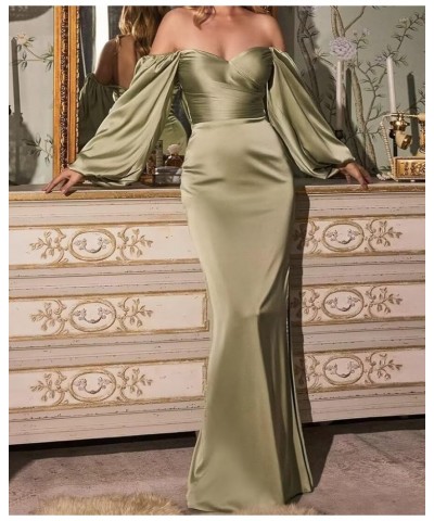 Off Shoulder Satin Mermaid Prom Dress Puffy Sleeves Ruched Bridesmaid Dress with Slit Bodycon Formal Evening Gowns Mint Green...