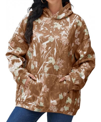 Womens Camo Hoodies Maple Leaf Print Oversized Hooded Sweatshirt Fleece Pullover Sweatshirts Long Sleeve with Pocket Brown $1...