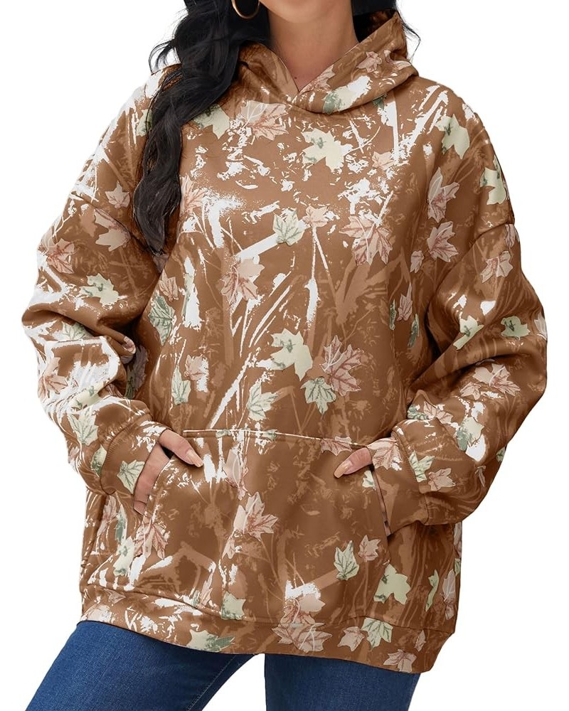 Womens Camo Hoodies Maple Leaf Print Oversized Hooded Sweatshirt Fleece Pullover Sweatshirts Long Sleeve with Pocket Brown $1...