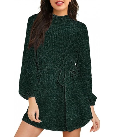 Women's 2023 Fall Winter Elegant Chenille Sweater Dress Mock Neck Long Sleeve Short Dresses with Belt Dark Green $20.39 Sweaters