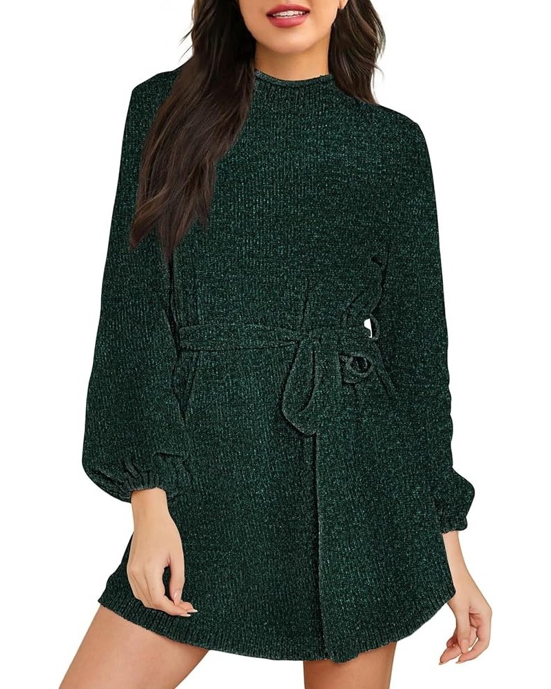 Women's 2023 Fall Winter Elegant Chenille Sweater Dress Mock Neck Long Sleeve Short Dresses with Belt Dark Green $20.39 Sweaters