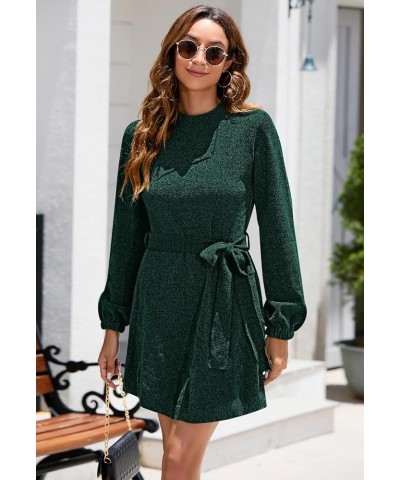 Women's 2023 Fall Winter Elegant Chenille Sweater Dress Mock Neck Long Sleeve Short Dresses with Belt Dark Green $20.39 Sweaters