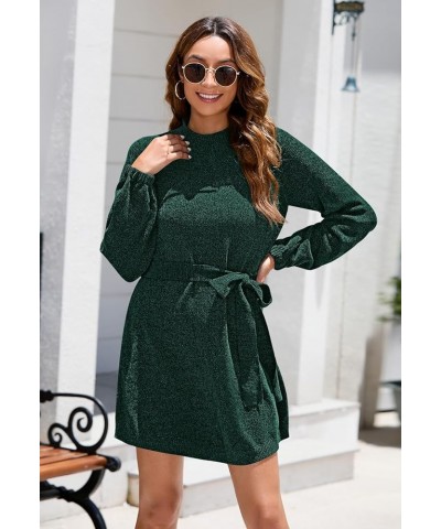 Women's 2023 Fall Winter Elegant Chenille Sweater Dress Mock Neck Long Sleeve Short Dresses with Belt Dark Green $20.39 Sweaters