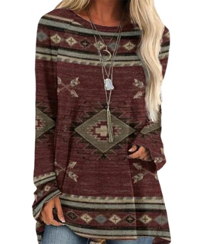 Plus Size Western Shirts for Women Cowgirl Long Sleeve Ethnic Print Crewneck T Shirts Blouse Flowy Tunic Tops B Ethnic Brown ...