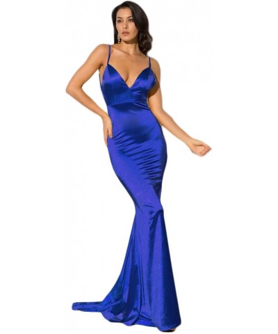 Backless Formal Dress V Neck Padded Floor Length Satin Gown Blue $22.94 Dresses