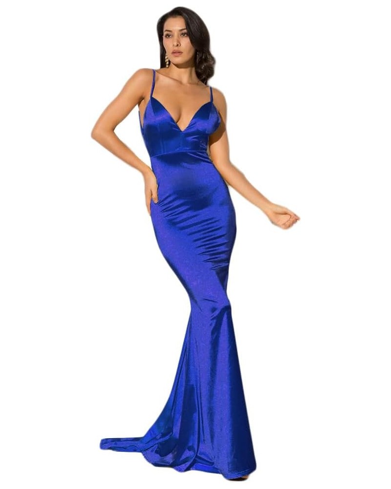 Backless Formal Dress V Neck Padded Floor Length Satin Gown Blue $22.94 Dresses