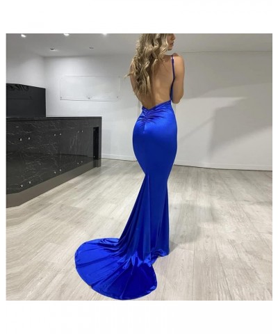 Backless Formal Dress V Neck Padded Floor Length Satin Gown Blue $22.94 Dresses