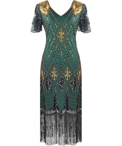 Women's 1920s Gatsby Inspired Sequin Beads Fringe Flapper Cocktail Roarings 20s Dress Style 2 Gold Green $16.19 Dresses