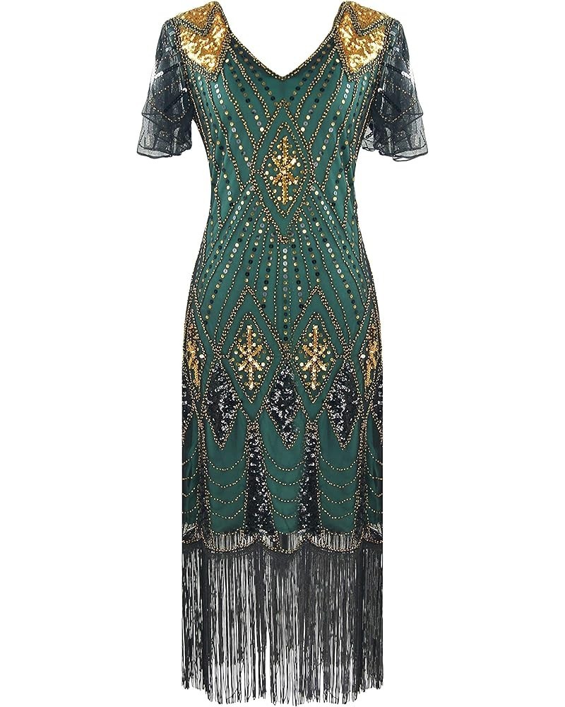 Women's 1920s Gatsby Inspired Sequin Beads Fringe Flapper Cocktail Roarings 20s Dress Style 2 Gold Green $16.19 Dresses