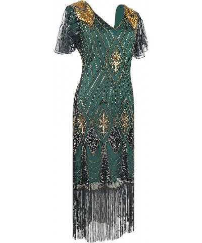 Women's 1920s Gatsby Inspired Sequin Beads Fringe Flapper Cocktail Roarings 20s Dress Style 2 Gold Green $16.19 Dresses